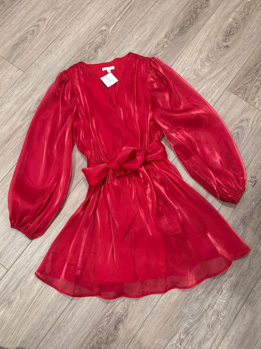Flying Tomato Red Satin Tie-Waist Long Sleeve Mini Dress